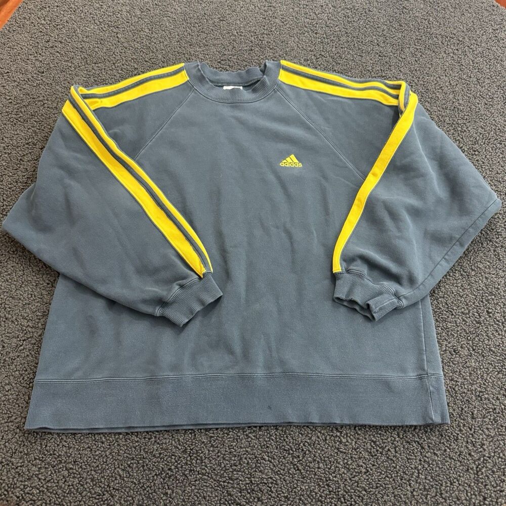 Vintage 90s Adidas Large crewneck sweatshirt faded grey three-stripe yellow logo